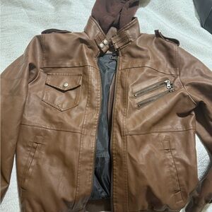 Brown Bomber Jacket with Epaulettes and Zipper Closure